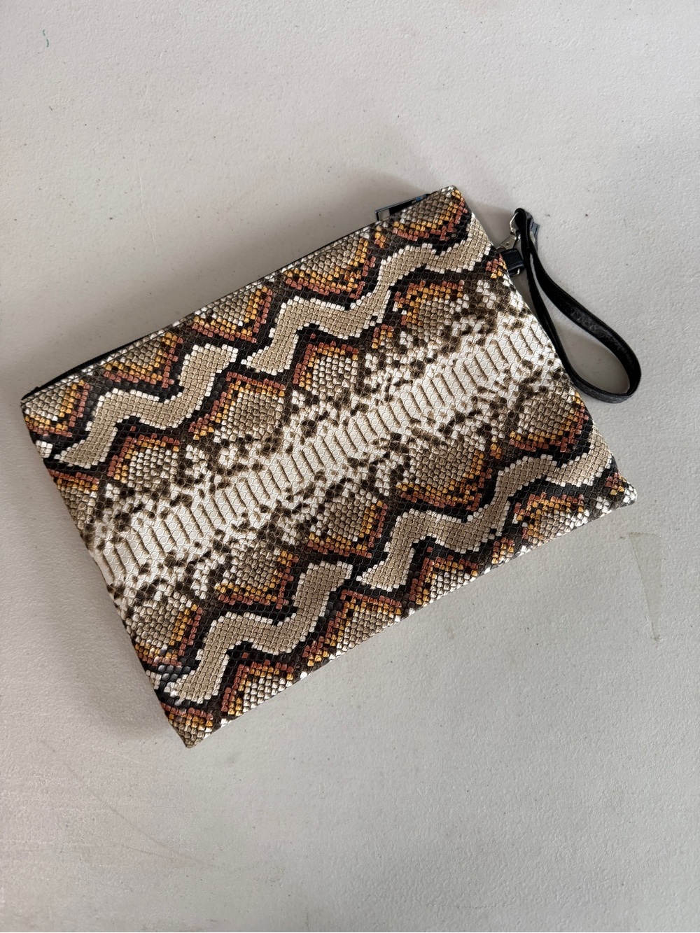 Snake-Print Wristlet Clutch in Brown and Cream